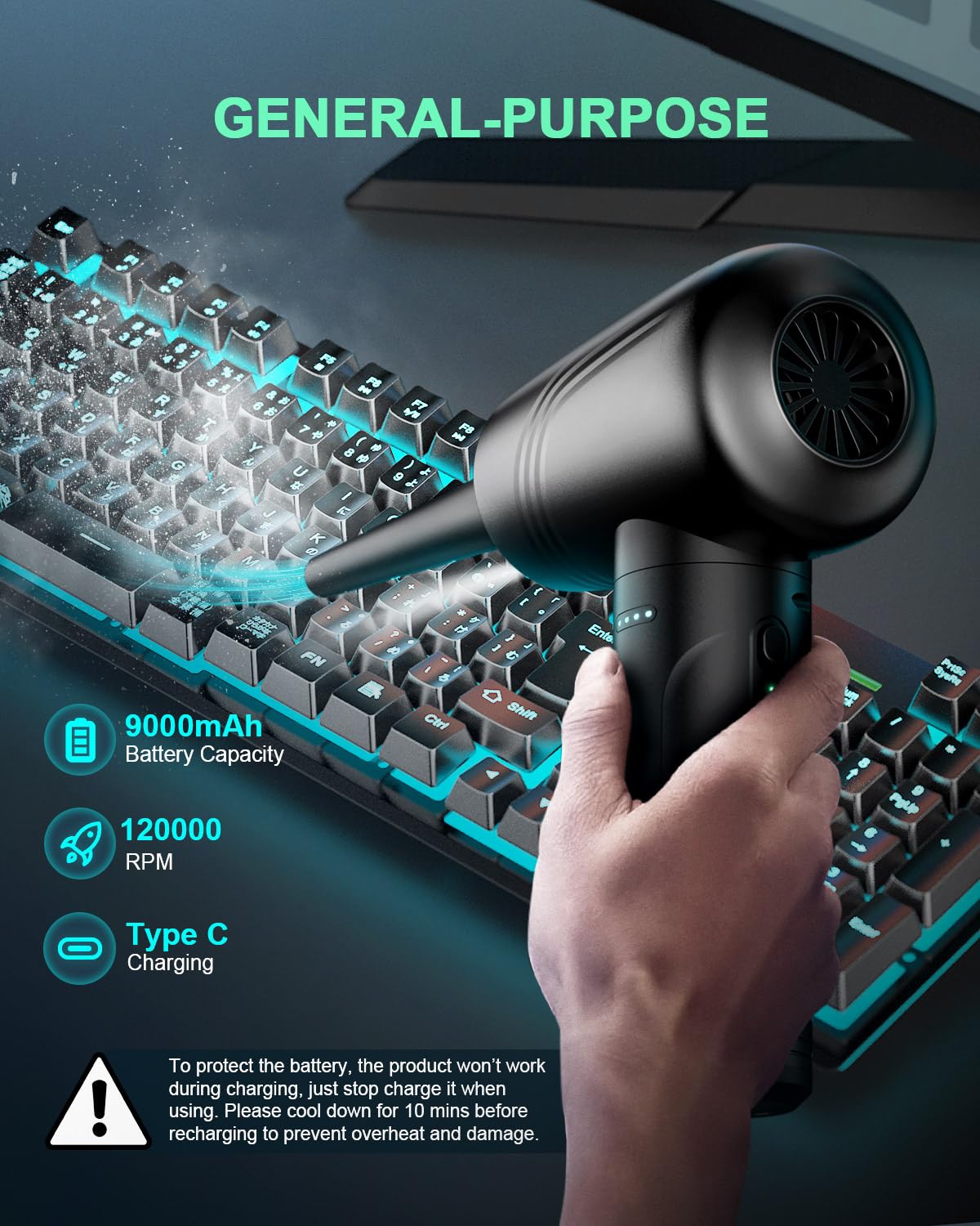 BANKKY 11-in-1 Compressed Air Duster, 3-Gear Adjustable 120000 RPM Electric Air Duster with LED Light, Reusable no Canned Keyboard Cleaner for Office, 9000mAh Cordless Air Duster for Computer/Car