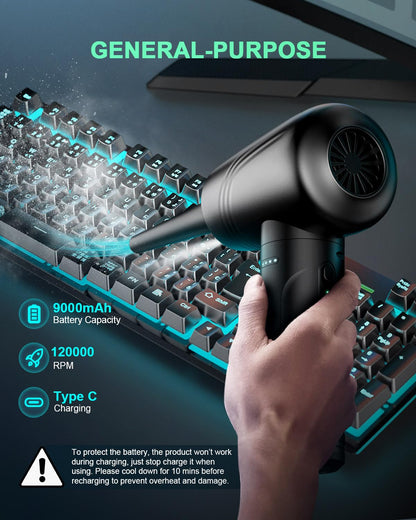 BANKKY 11-in-1 Compressed Air Duster, 3-Gear Adjustable 120000 RPM Electric Air Duster with LED Light, Reusable no Canned Keyboard Cleaner for Office, 9000mAh Cordless Air Duster for Computer/Car