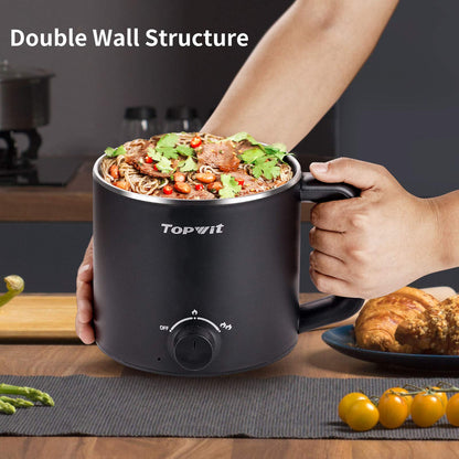 Topwit Hot Pot Electric, Electric Pot, 1.6L Ramen Cooker, Multifunctional Cooker for Pasta, Shabu-Shabu, Oatmeal, Soup and Egg with Over-Heating Protection, Boil Dry Protection, Black