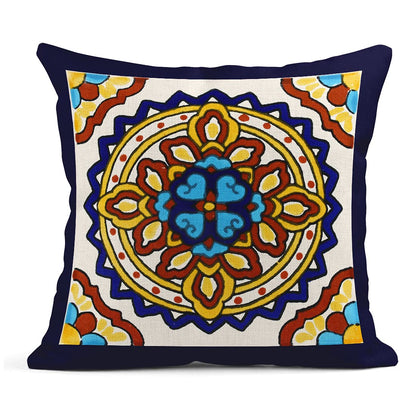Semtomn Set of 4 Linen Throw Pillow Covers Spanish Talavera Exotic Geometry Dark Retro Ethnic Home Decorative 18"x18" Flax Pillow Cases Cushion Square Pillowcases
