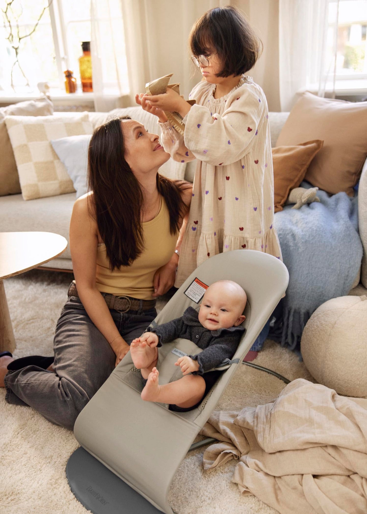 BabyBjörn Bouncer Balance Soft, Tri-Fabric, Sand Grey | 2-in-1 Adjustable Baby Bouncer Seat and Toddler Chair, Newborn to Toddler (8-29 lbs), 4 Positions, Lightweight & Portable