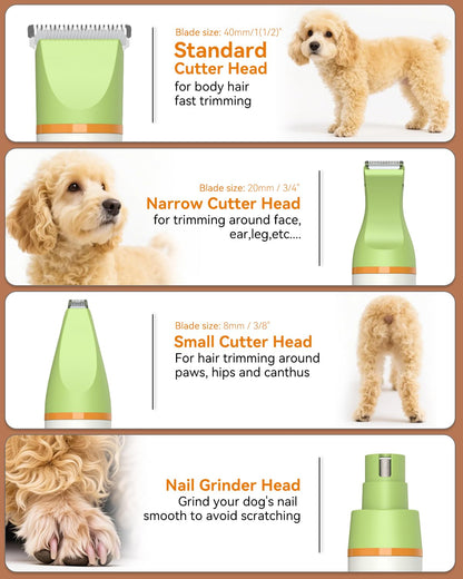 unibono Dog Grooming Kit with Paw Trimmer, All-in-One Low Noise Electric Rechargeable Small Quiet Pet Clippers Foot Dog Hair Shaver with Stainless Steel Scissors and Comb for Dogs at Home (Green)