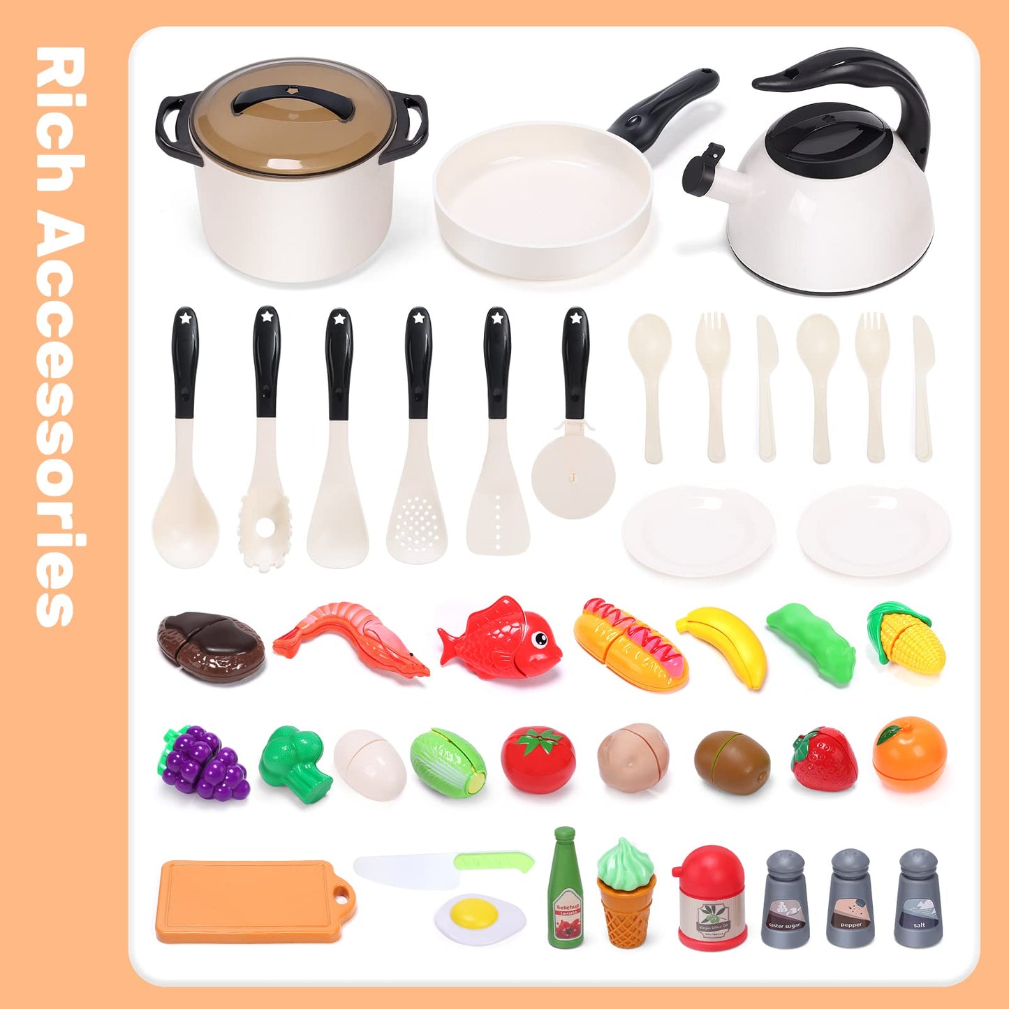 CUTE STONE Play Kitchen Accessories Toy, Play Food Sets for Kids Kitchen, Pretend Kitchen Set for Kids with Play Pots, Pans, Toddler Kitchen Playset Kitchen Toys for Girls Boys