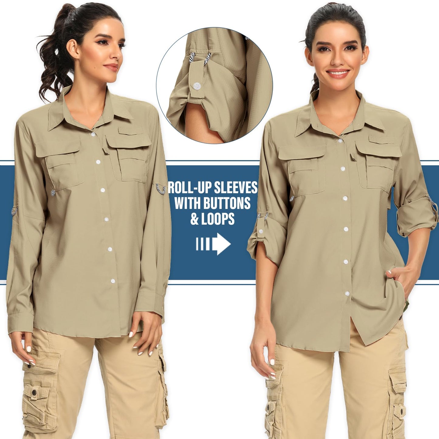 Women's UPF Long Sleeve Fishing Shirts Button Up Hiking Safari Shirts Sun Protection and Quick Dry,Khaki,XXXL