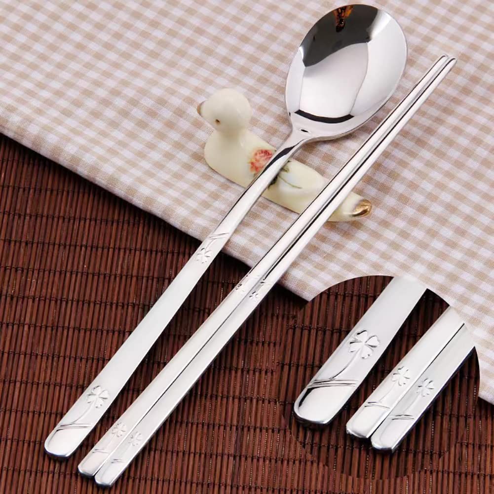YAPULLYA Korean Metal Chopsticks and Spoons Set, Reusable Stainless Steel Flatware Chopsticks and Spoons with long-hand, set of 3 (Lucky Clover)