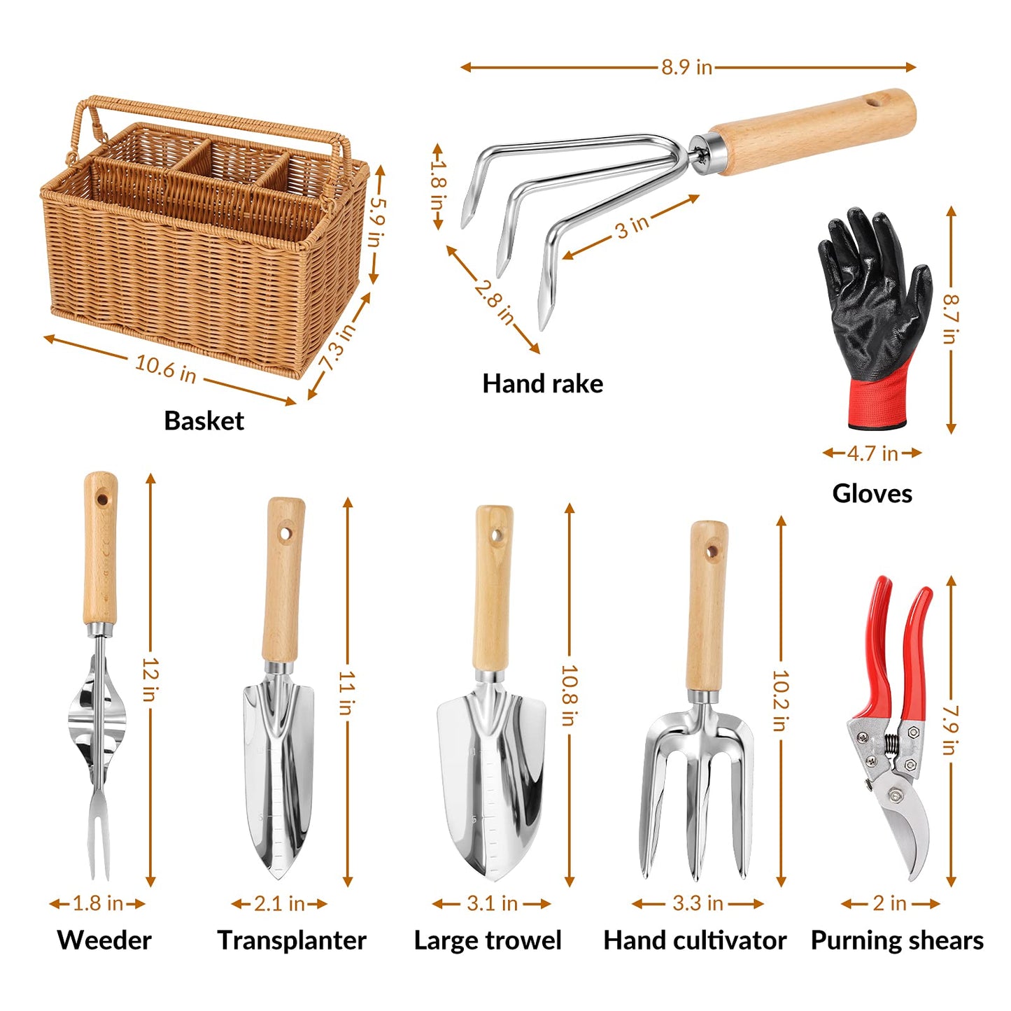 SOLIGT Garden Tools Set with Basket, Heavy Duty Stainless Steel Gardening Hand Tool with Wood Handle, Pruning Shears, Gloves - Perfect Gardening Gifts Planting Supplies for Women Men