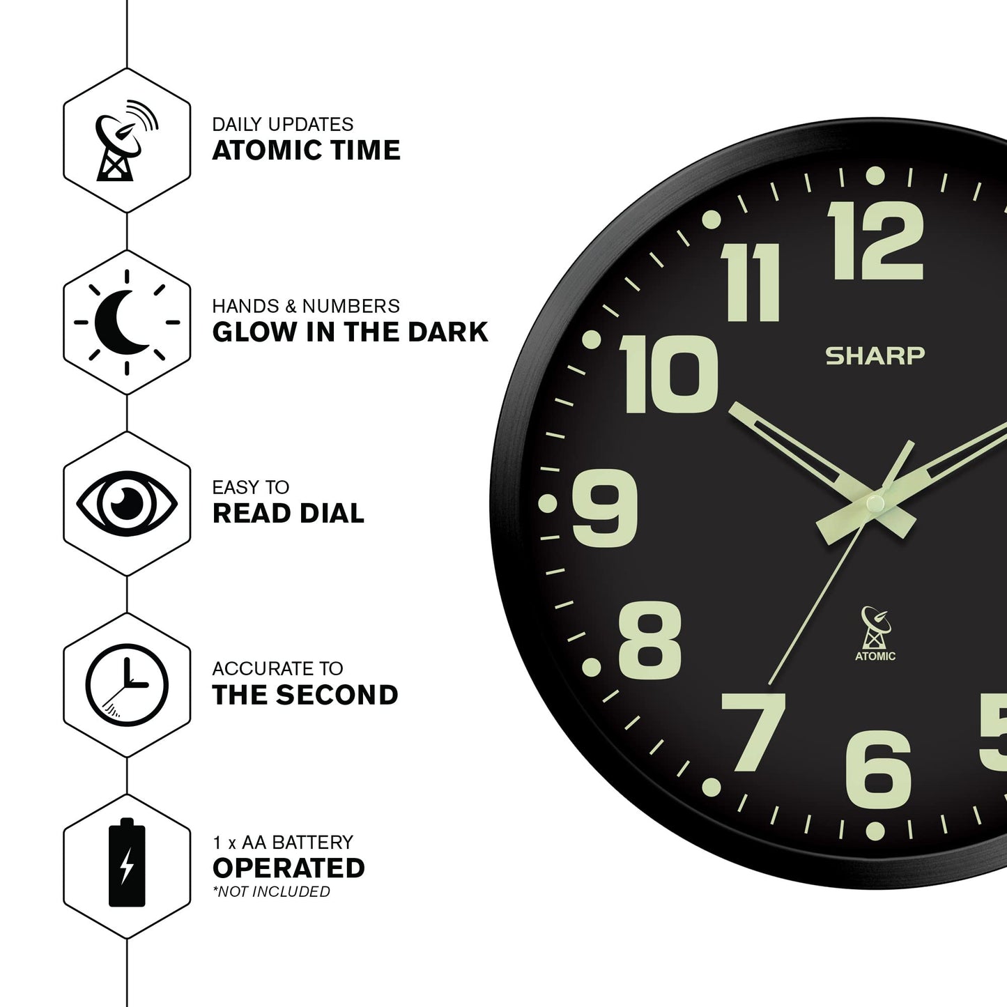 Sharp Glow in The Dark Atomic Analog Wall Clock - 12" Clock with Black Frame - Sets Automatically - Battery Operated - Easy to Read - Easy to Use – See Day or Night!