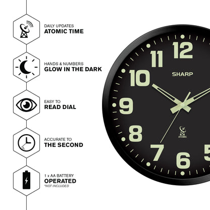 Sharp Glow in The Dark Atomic Analog Wall Clock - 12" Clock with Black Frame - Sets Automatically - Battery Operated - Easy to Read - Easy to Use – See Day or Night!
