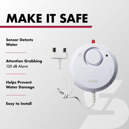 SABRE Water Leakage Alarm, 110 dB Alarm, Audible Up To 1,500-Feet (457-Meters), All Direction Water Sensor, High and Low Volume Settings, Battery Test Button