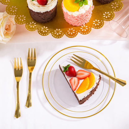 DaYammi 240Pcs Appetizer Plates Include 120Pcs Gold Dessert Plates 6.3inch with 120Pcs Gold Plastic Forks 5.7inch,Clear gold plates Disposable Salad Plate for Party Cake Plate for Wedding