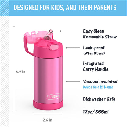 THERMOS FUNTAINER Water Bottle with Straw - 12 Ounce - Kids Stainless Steel Vacuum Insulated Water Bottle with Lid, Pink