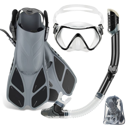 ZEEPORTE Mask Fin Snorkel Set with Adult Snorkeling Gear, Panoramic View Diving Mask, Trek Fin, Dry Top Snorkel +Travel Bags, Snorkel for Lap Swimming