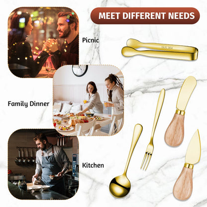 Charcuterie Board Accessories Spreader Knife Set Cheese Butter Spreader Knife Charcuterie Utensils with Wooden Handles Mini Serving Tongs Spoons Forks for party Wedding Christmas (Gold, 20 Pieces)