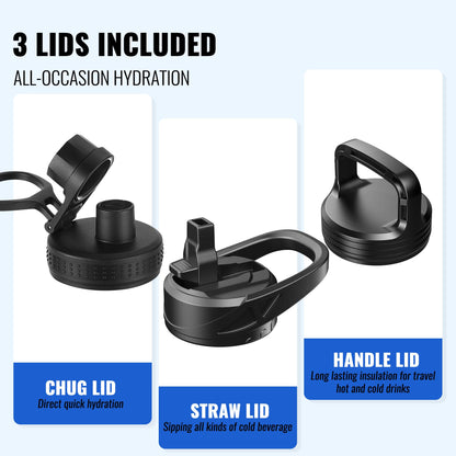 RUBYFLASK 32oz Insulated Water Bottle with Straw, Stainless Steel Metal Vacuum Water Flask, Large Thermal Water bottle with Leakproof 3 Lids for Travel, Camping, Gym Sports Indigo Black