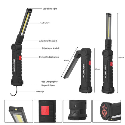Suranew LED Worklight Flashlight, COB Rechargeable Work Lights with Magnetic Base 360 Degree Rotate and 5 Modes Portable Flood Light Inspection Construction Light for Car Repair (Black Green, 2 Pack)