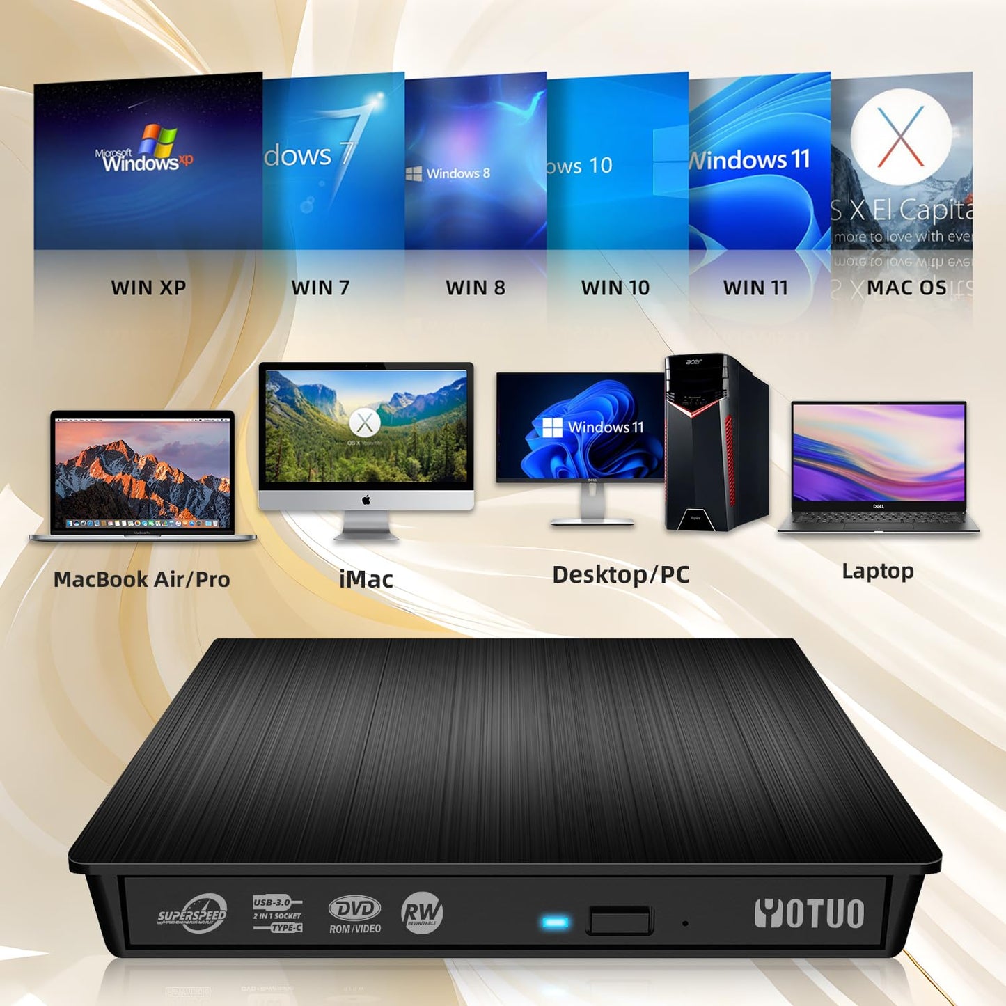 YOTUO External DVD Drive, Portable USB 3.0 CD +/-RW Drive DVD Player for ROM Rewriter Burner for Laptop Desktop, Compatible with Windows 7/8/10/11 Mac MacBook Pro/Air… (DVD Burner)