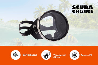 Scuba Choice Spearfishing Free Dive Mask - Classic Rubber with Tempered Glass Lenses | Oval Shape Stainless Steel Frame for Enhanced Visibility & Comfort, Perfect Underwater Adventures - Black