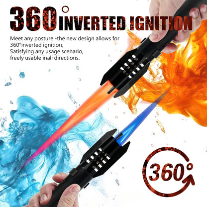 Camping Lighter, Torch Lighter, Straight Flame Bright Fire Refillable Windproof Adjustable Color with Safety Lock for Campfires Kitchen Hiking Candles Fireplace BBQ Outdoor Essentials (Black)