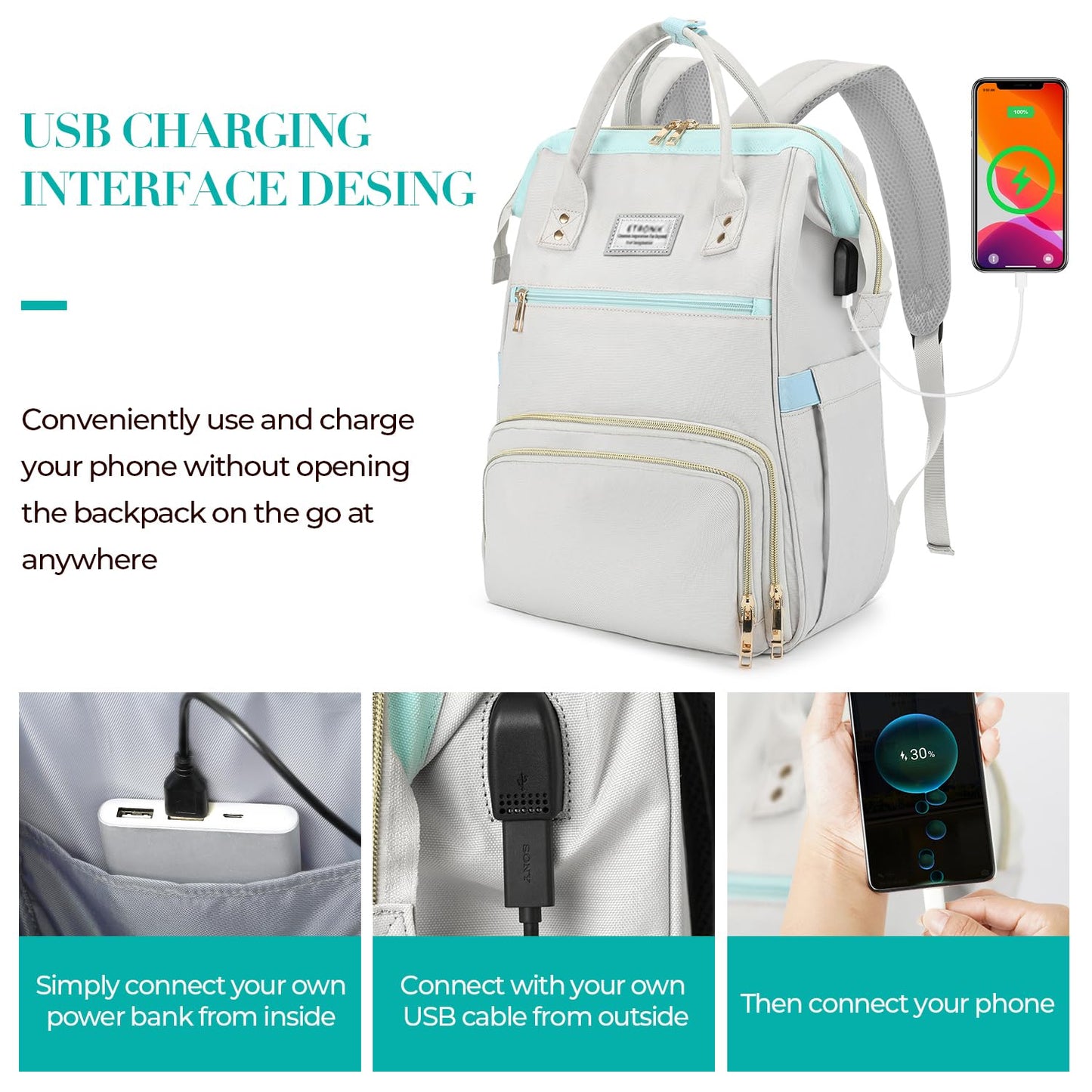 ETRONIK Lunch Backpack, 15.6 Inch Laptop Backpack with USB Port, Stylish Nurse, Teacher Work School Bag with Insulated Cooler Lunch Box for Women Men, College Backpack for Travel, Grey Blue