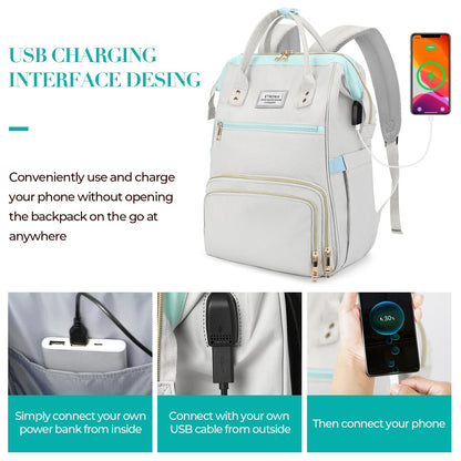 ETRONIK Lunch Backpack, 15.6 Inch Laptop Backpack with USB Port, Stylish Nurse, Teacher Work School Bag with Insulated Cooler Lunch Box for Women Men, College Backpack for Travel, Grey Blue