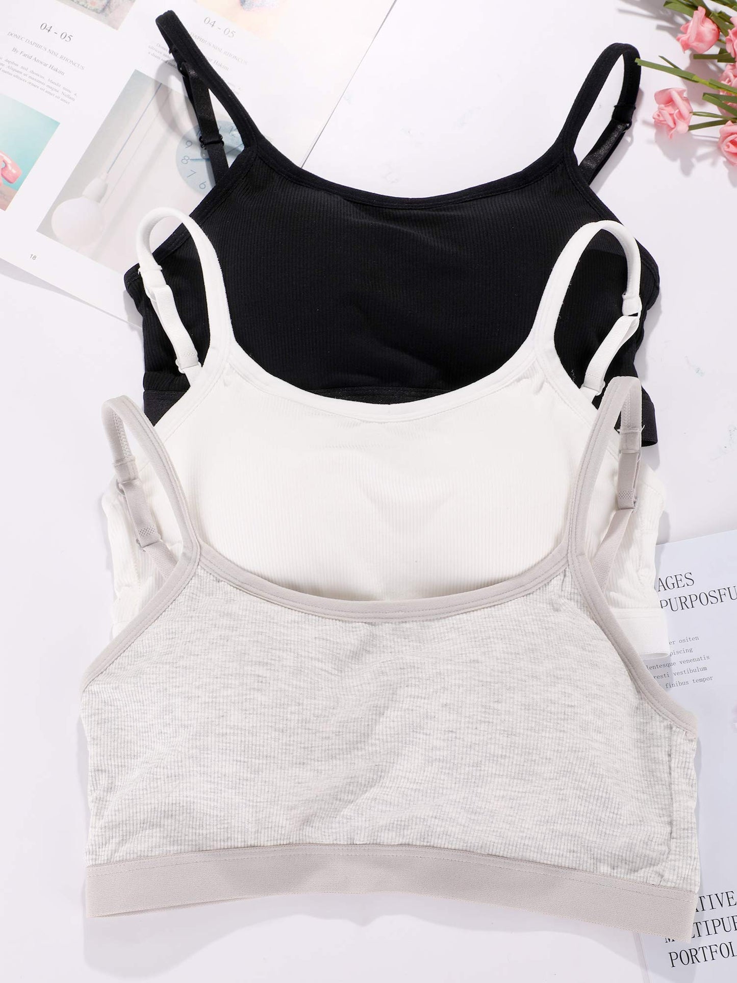 Boao 3 Pieces Mini Camisole Bra Padded Brassiere Tank Top Brassiere Women Sports Bra with Straps(Black, White, Grey,M)