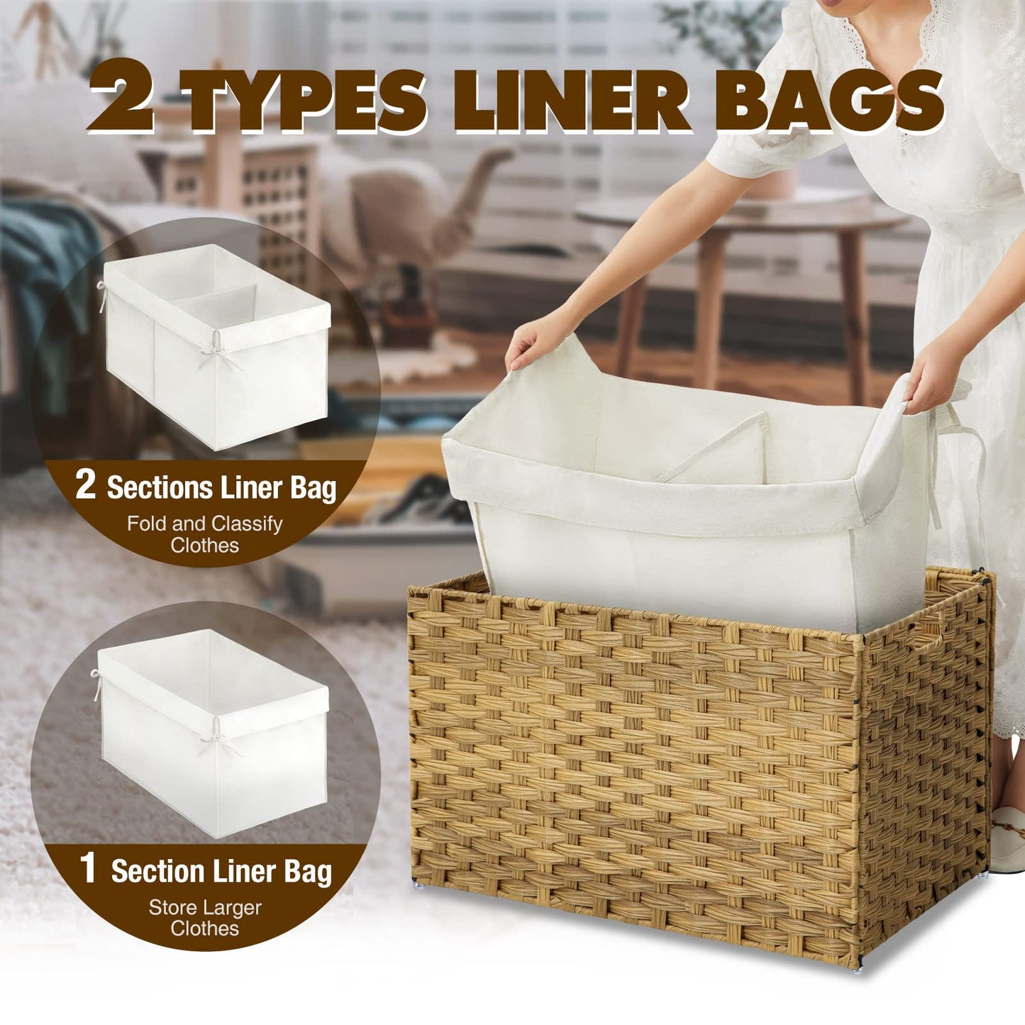 GREENSTELL Storage Basket with Lid, 27.7 Gallon(105L) Lagre Wicker Blanket Storage Basket with Handles, Foldable, 2 Removable Liner Bags, Metal Frame, for Bedroom, Laundry Room, Natural