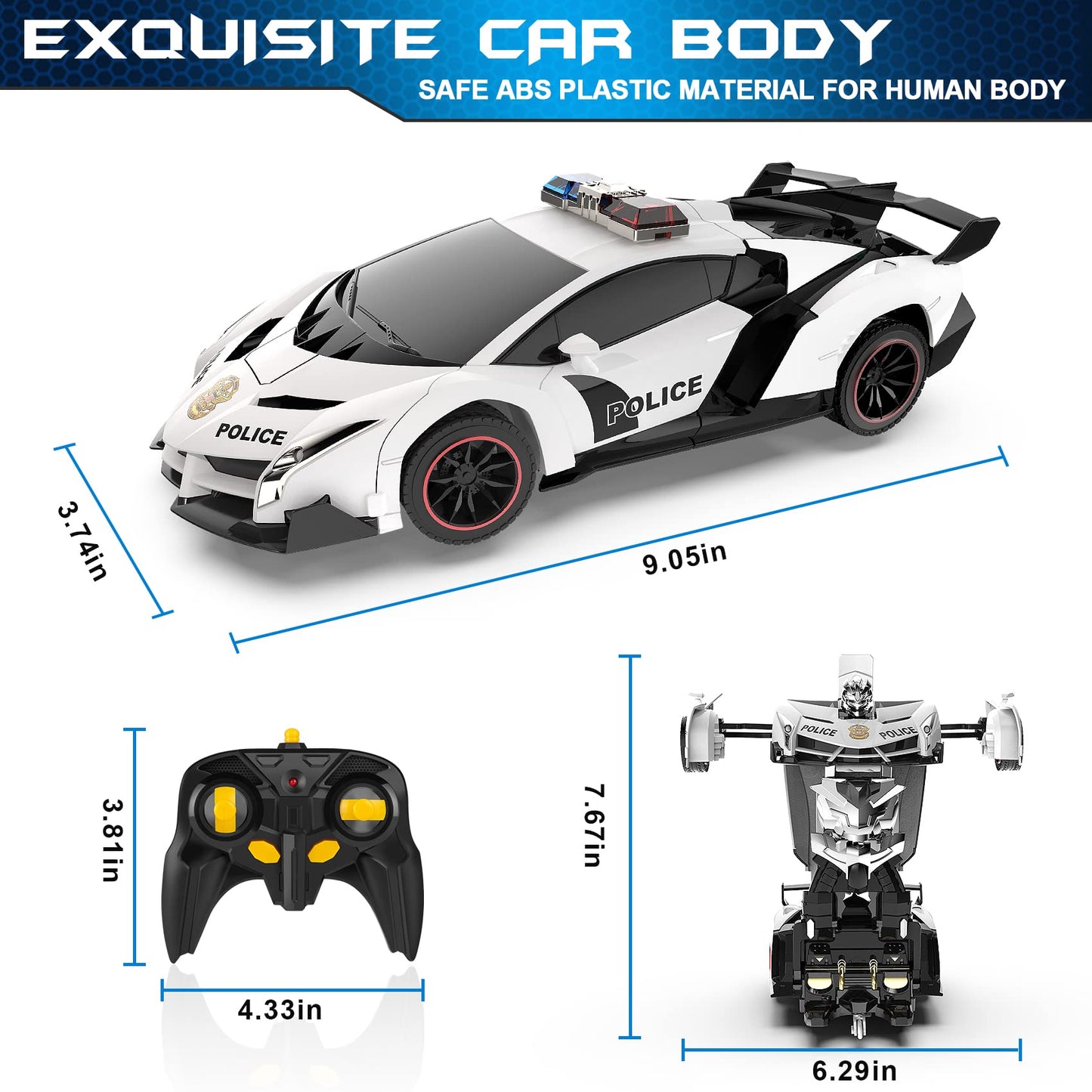 FDJ Remote Control Car - Transform Toys Car Robot, One Button Deformation to Robot with Flashing Light, 2.4Ghz 1:18 Scale Transforming Police Car Kids Toys with 360 Degree Rotating, Girls Boys Toys