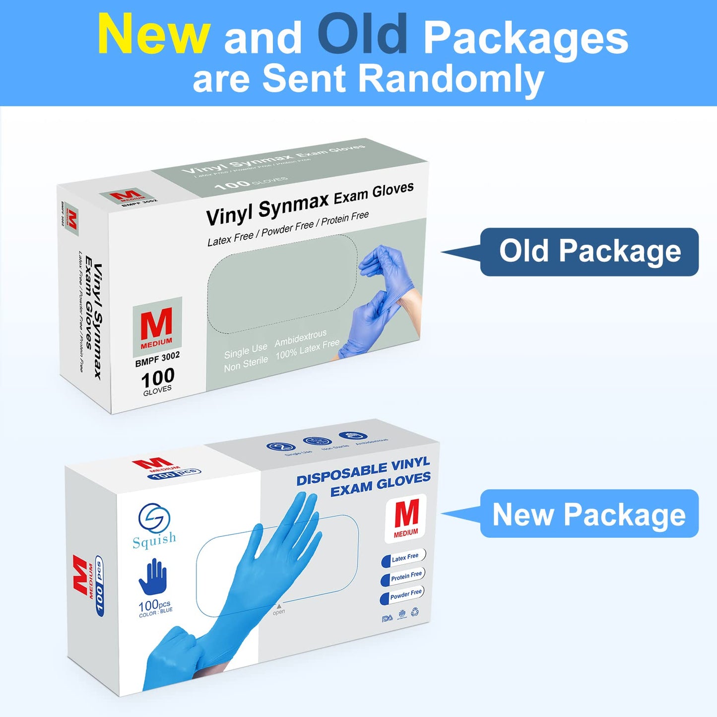 squish Disposable Gloves, Blue 4 mil Vinyl Synmax Blend Exam Gloves Non Sterile, Powder Free, Latex Free - Cleaning Supplies, Kitchen and Food Safe(Pack of 100) (Blue Medium)