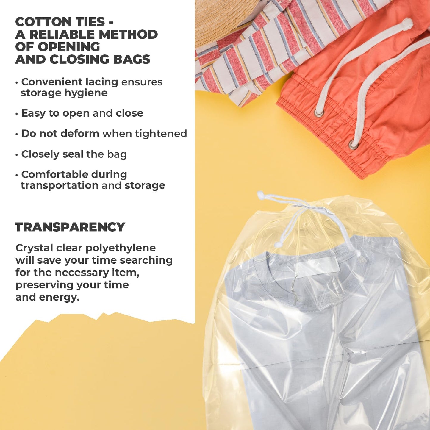 APQ Drawstring Bag, 12x16 Inches. 100 Waterproof Plastic Bags. 2 Mil Bags for Cosmetics, Toiletries