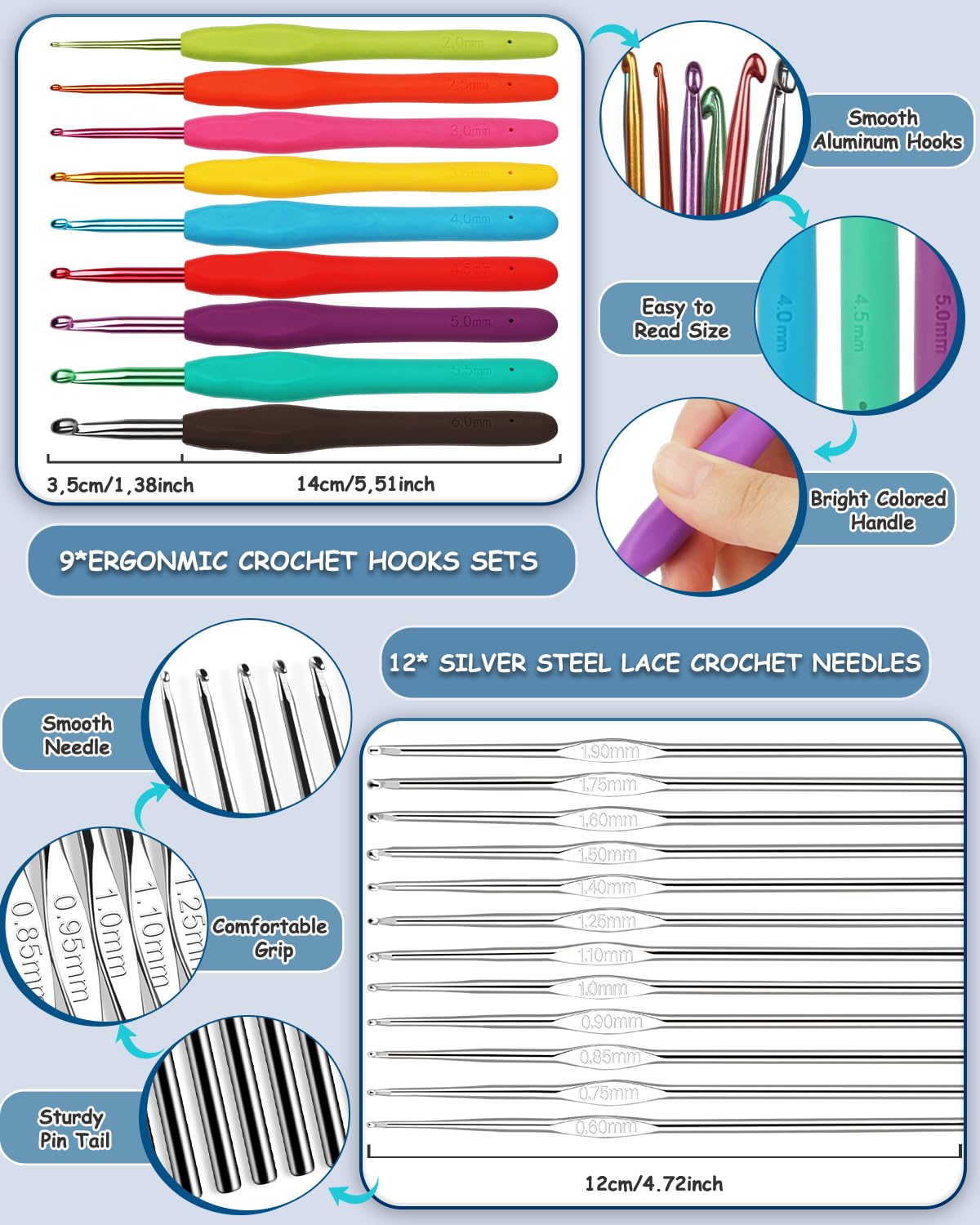 Aeelike Crochet Kit for Beginners with 15 Colors Yarn and Introduction Book, 71pcs Crochet Starter Kit Everything for Adult, Learn to Crochet Kit with Soft Grip Crochet Hooks and Blue Cat Bag