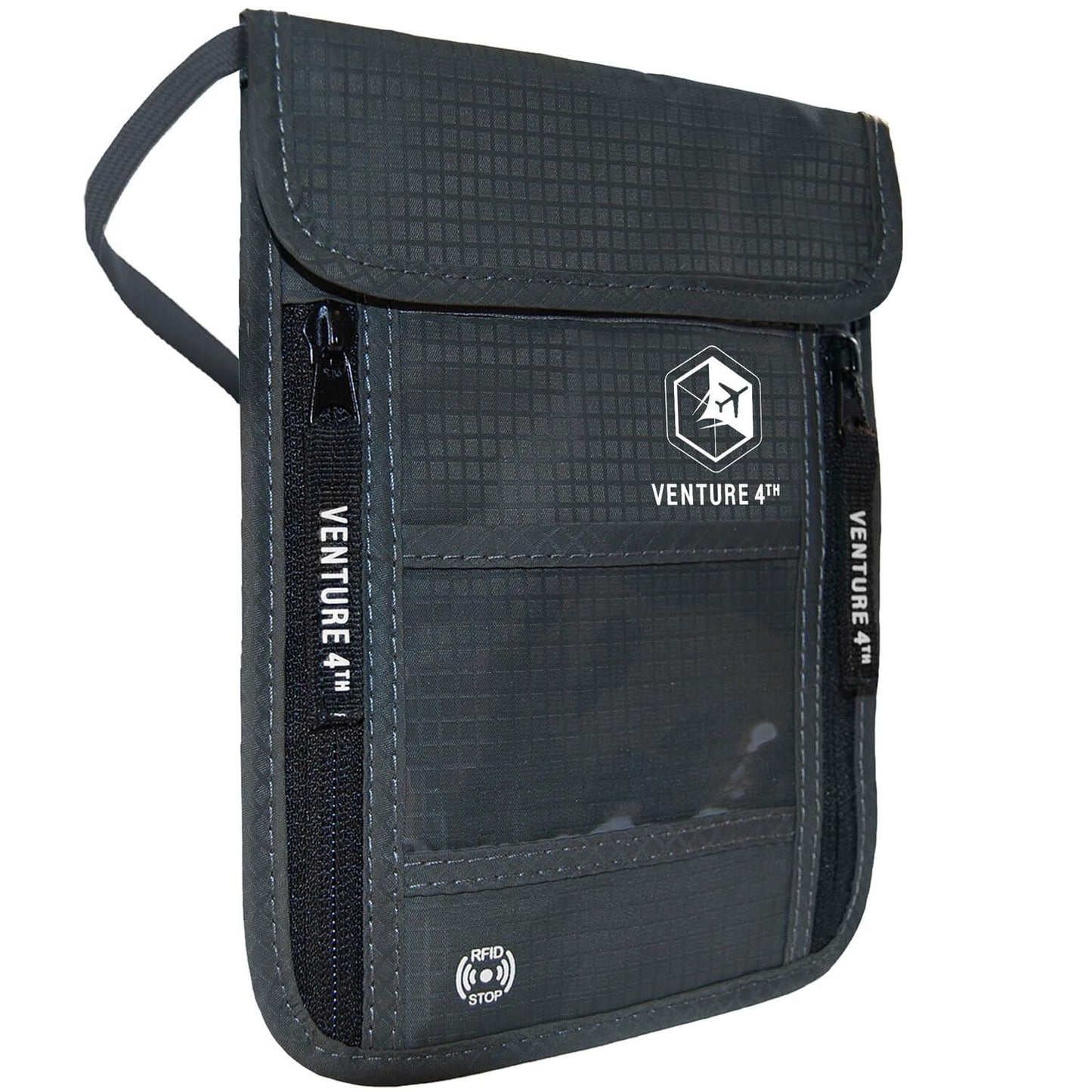 VENTURE 4TH Passport Holder Neck Wallet with RFID Blocking Nylon Lining - Hidden Neck Pouch for Travel (Gray)