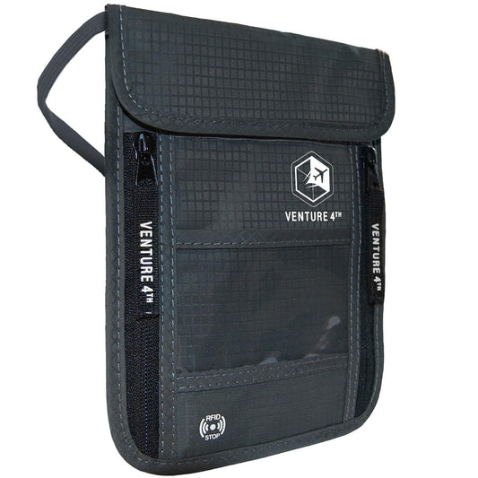 VENTURE 4TH Passport Holder Neck Wallet with RFID Blocking Nylon Lining - Hidden Neck Pouch for Travel (Gray)