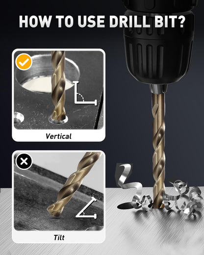 COMOWARE 21Pcs Drill Bit Set (1/16"-3/8"), M35 HSS Twist Drill Bits, Jobber Length, Straight Shank, Metal Drills bit Set for Steel, Stainless Steel/Iron/Wood/Plastic, with Metal Indexed Storage Case