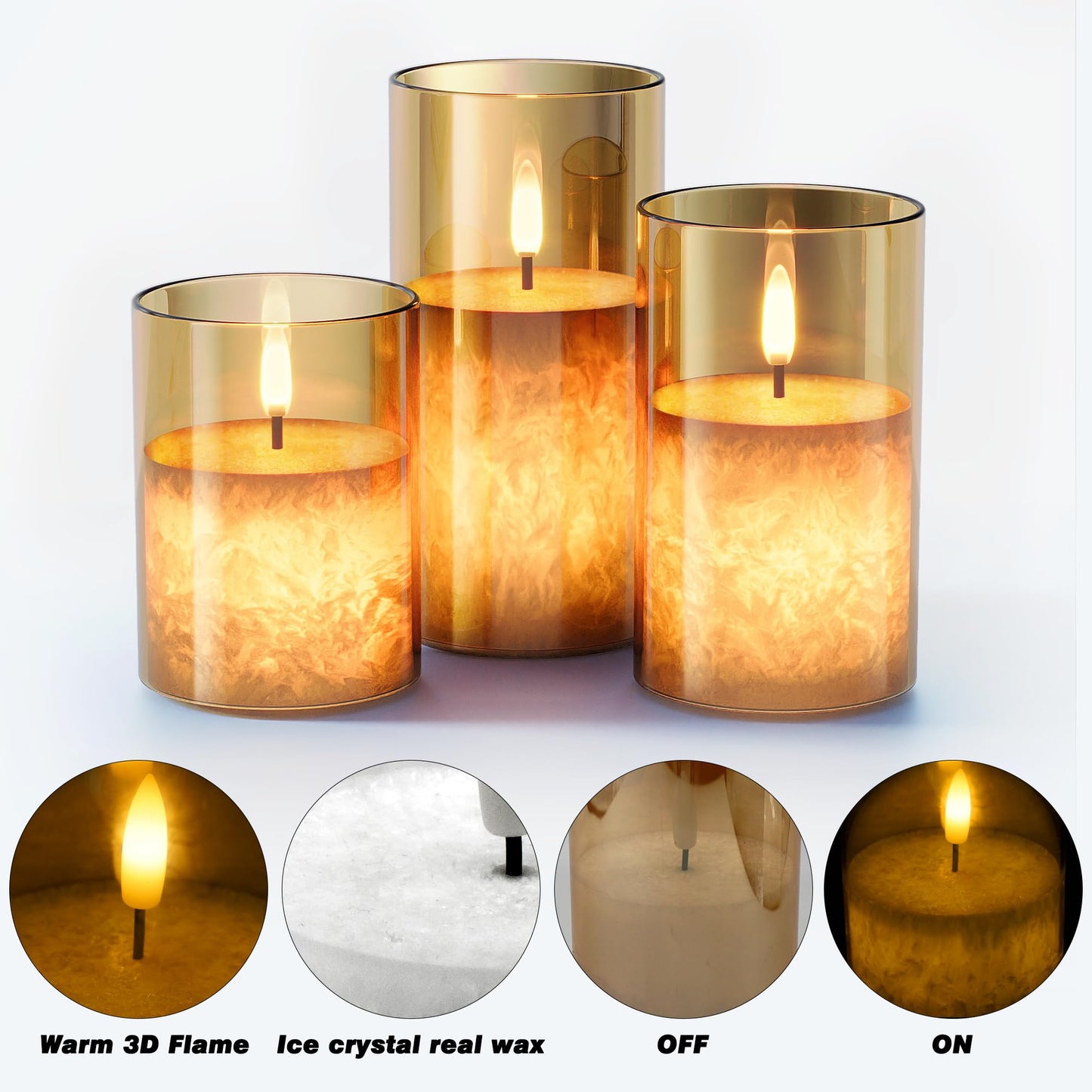 VIODAIM Ice Crystal Real Wax Glass Flameless Candles with Remote & Timer, Battery Operated Candles with Warm Flickering Flame, Realistic LED Candle for Wedding Home Decor [D3×H4/5"/6"] Gold, 3Pack