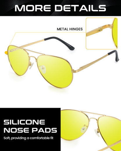SODQW Aviator Night-Driving Glasses, Night-vision Goggles Anti Glare Polarized Yellow Lens, Fashion Safety Glasses (Gold Frame/Yellow Night-Driving Glasses)