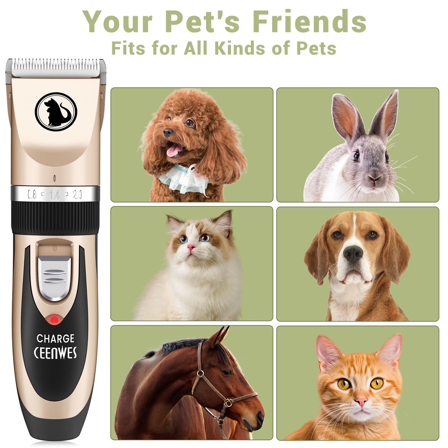 Ceenwes Dog Clippers Low Noise Pet Clippers Rechargeable Trimmer Cordless Grooming Tool Professional Dog Hair Trimmer with Comb Guides Scissors for Dogs Cats & Others（Gold）