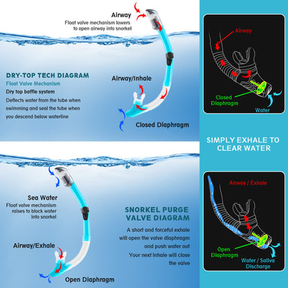 ZEEPORTE Mask Fin Snorkel Set with Adult Snorkeling Gear, Panoramic View Diving Mask, Trek Fin, Dry Top Snorkel +Travel Bags, Snorkel for Lap Swimming