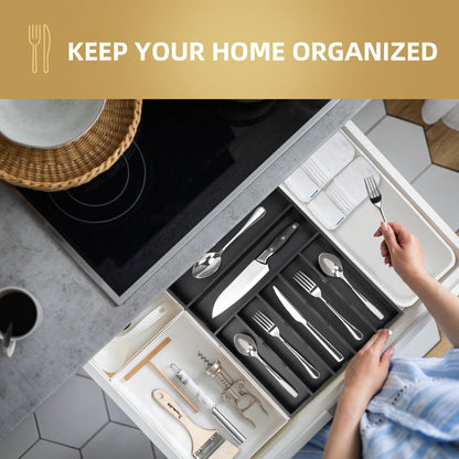 Besilord Silverware Organizer Kitchen Drawer Organizer Utensil Organizer Bamboo Silverware Holder Cutlery Organizer in Drawer Flatware Organizer Tray(7 slots, Black