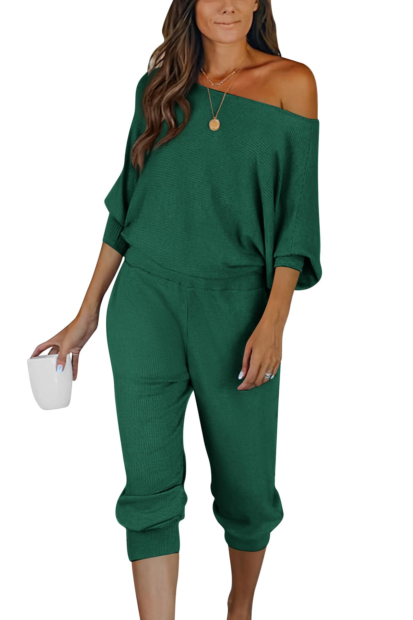 PRETTYGARDEN Two Piece Sets for Women Fall 2025 Ribbed Knit Off Shoulder Tops Lounge Pants Tracksuit Fashion Clothing (Green,Medium)