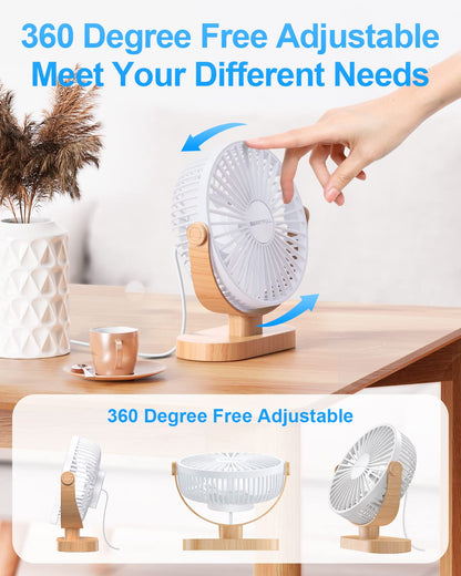 SWEETFULL Small USB Desk Fan 6.5 Inch, 3 Speeds Portable Personal Desktop Table Fan, Dual 360° Adjustment Mini Fan, Quiet Operation, for Home Office Car Outdoor Travel (White wood grain)
