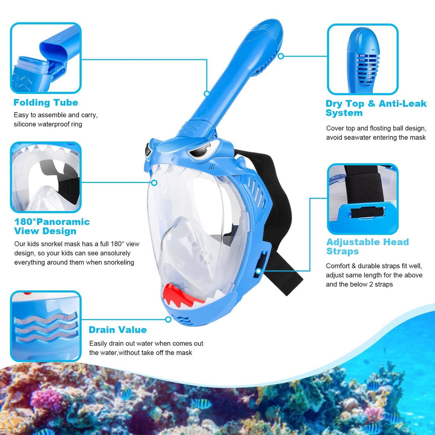 Zipoute Snorkel Full Face Snorkel Mask for Kids & Adults, 180 Panoramic View, Safe Anti-Leak & Anti-Fog, Foldable Dry Top Snorkeling Gear