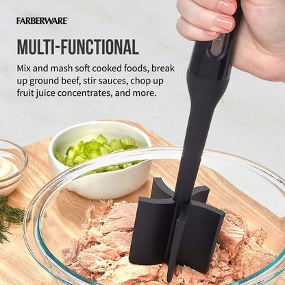 FARBERWARE Nylon Meat & Potato Masher, Heat-Resistant and Safe for Non-Stick Cookware, Durable 10-Inch Kitchen Tool with Ergonomic Handle, Black