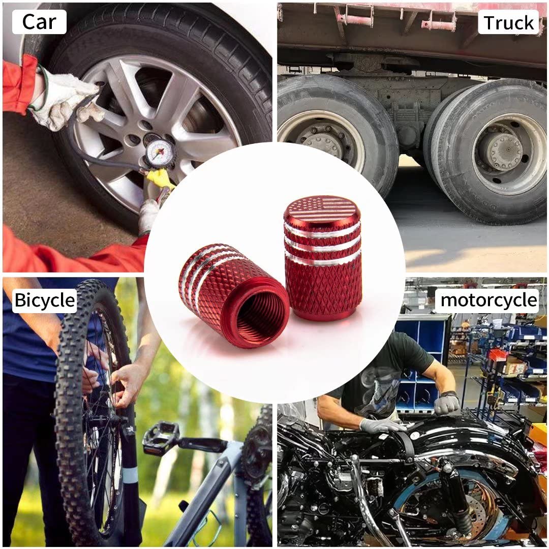 SINGARO American Flag Valve Stem Cap, 12PCS Aluminum Alloy Rubber Sealed Tire Cap, Universal for Cars, Trucks, SUVs and Motorcycles, Car Exterior Accessories (Red)