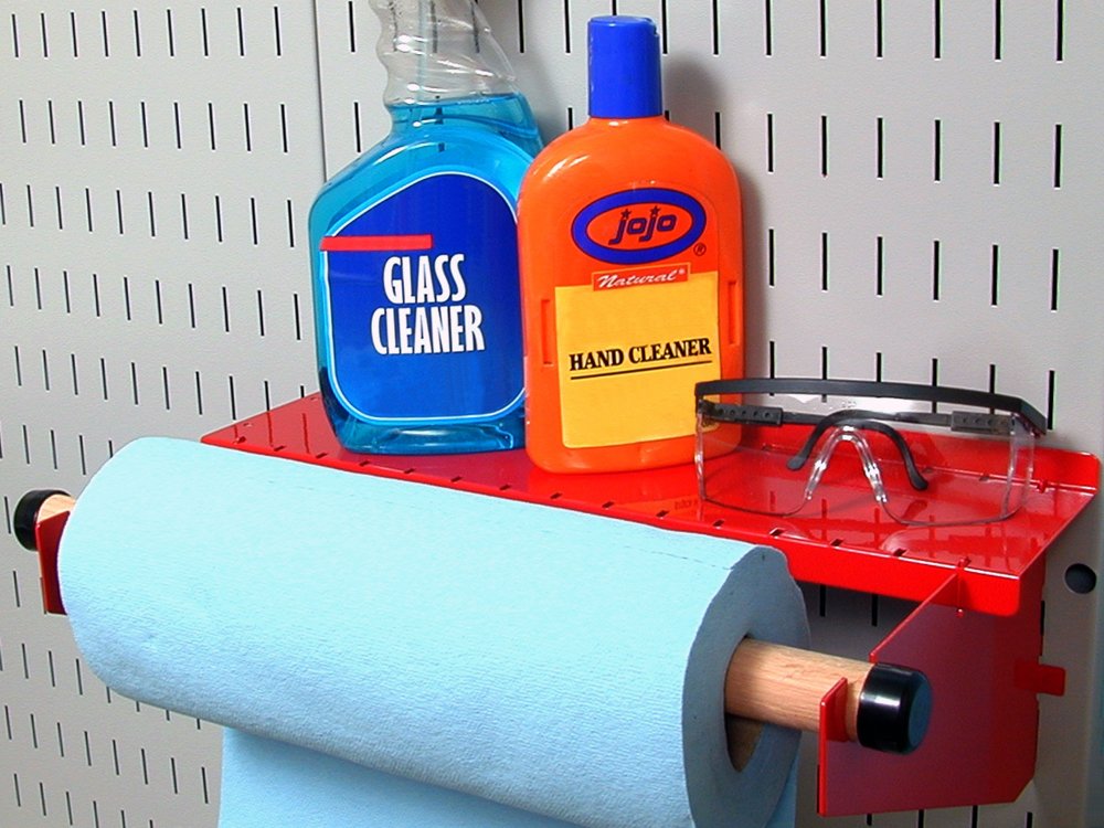 Wall Control Pegboard Paper Towel Holder and Dowel Rod Shelf Assembly for Wall Control Pegboard and Slotted Tool Board - Red