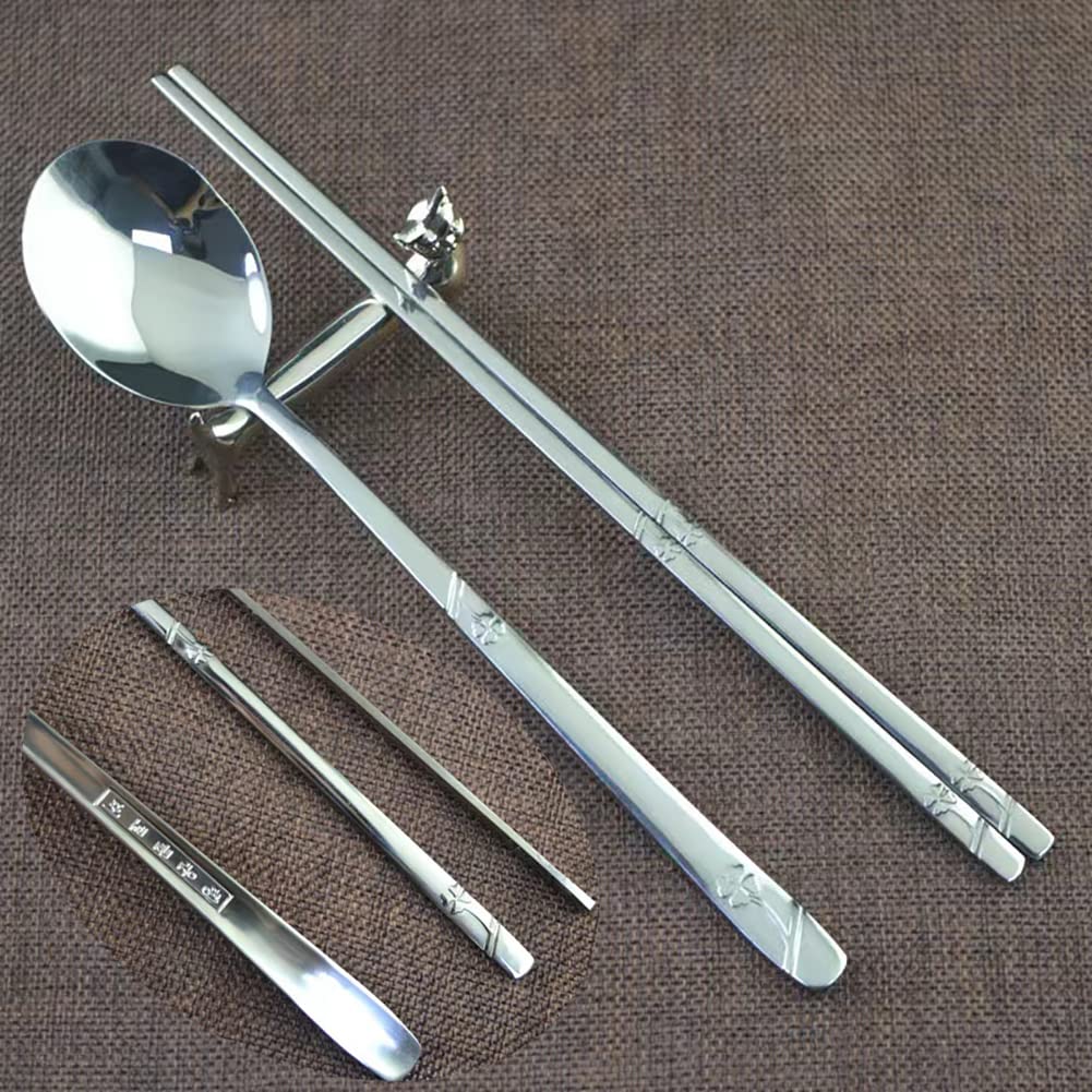 YAPULLYA Korean Metal Chopsticks and Spoons Set, Reusable Stainless Steel Flatware Chopsticks and Spoons with long-hand, set of 3 (Lucky Clover)