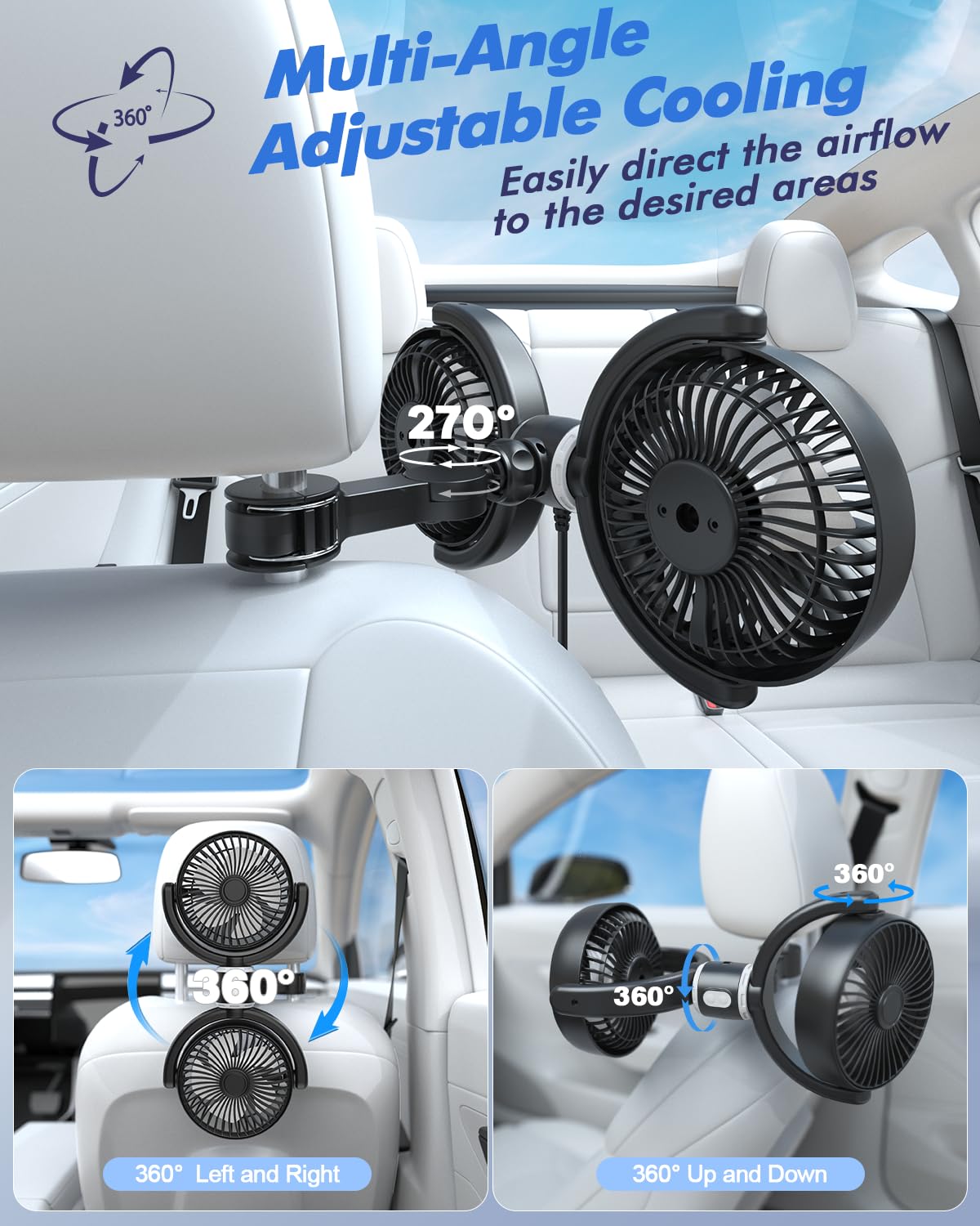Car Fan USB Powered for Baby: Dual Car Cooling Fans for Backseat 3 Speed Separate Controlled Quiet Brushless Motor 360° Rotatable 5V 2A Rear Seat Air Circulation for Vehicle Van Truck SUV RV(USB Plug)