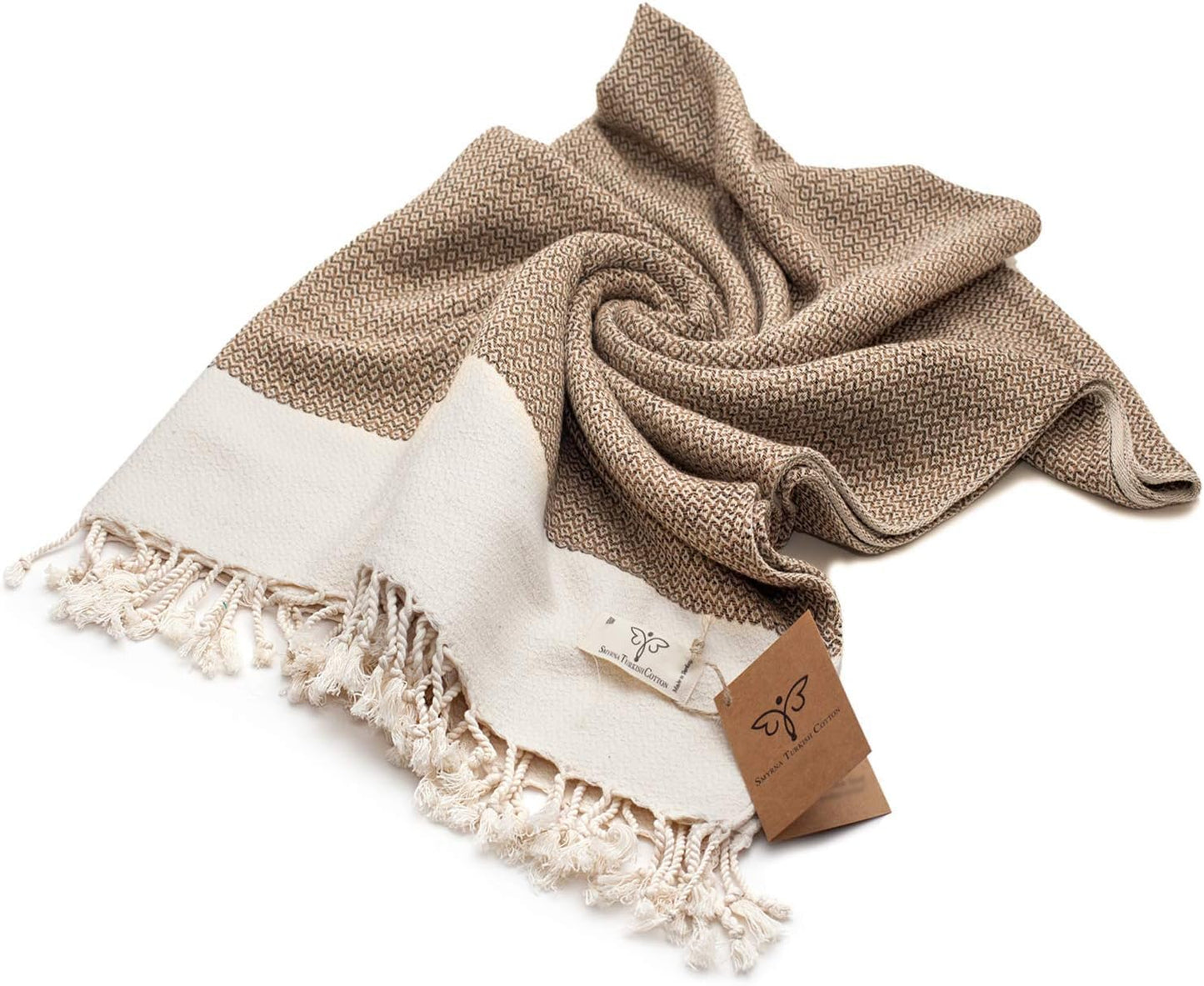 SMYRNA TURKISH COTTON Throw Blanket Vintage Series, 50x60 inch, Outdoor Blankets, Throws and Blankets for Couch, Sofa, Bed, Chair, Beach Picnic, Travel Boho Turkish Blanket Throw, Latte