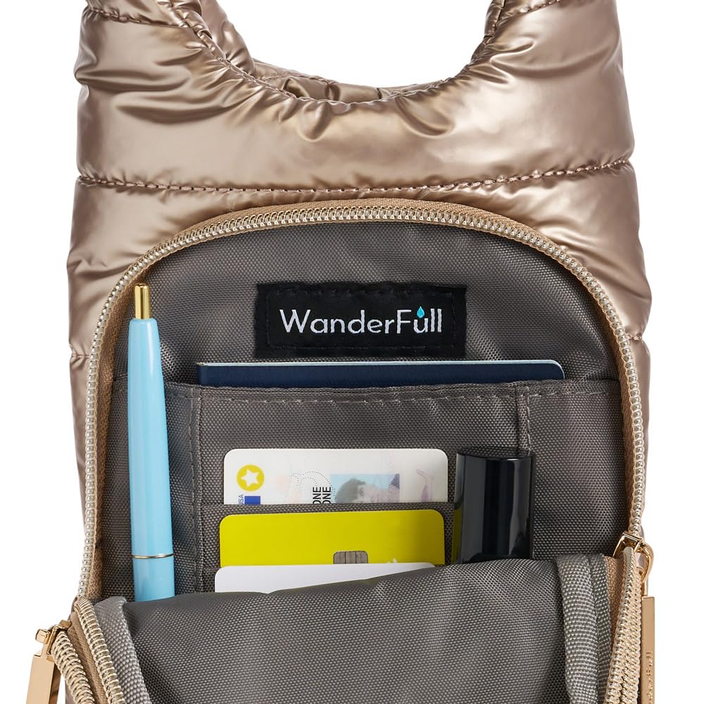 WanderFull® Original HydroBag® Fits Up to 32 oz Water Bottle Holder with Strap - Hands-Free Crossbody Water Bottle Carrier Bag with Phone Pocket - Light Gold