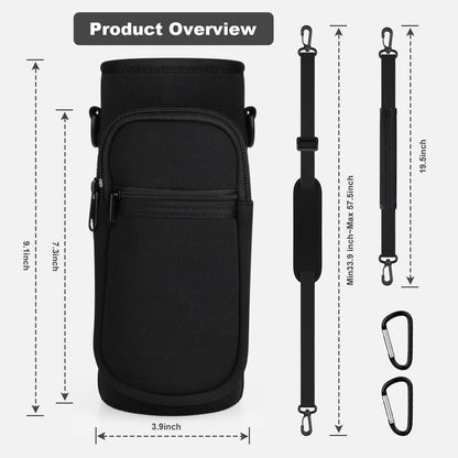 Bstge Water Bottle Holder with Strap, Water Bottle Carrier Bag with Phone Pocket, Shoulder Hand Strap Insulated Neoprene 32 oz Water Bottle Sleeve for Walking Hiking Camping Gym(black)
