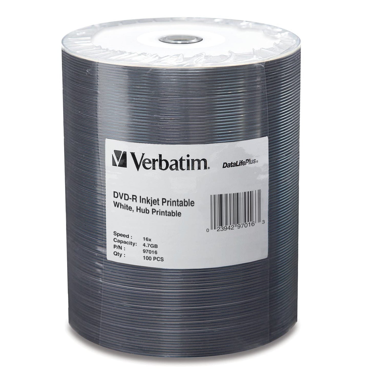 Verbatim DVD-R Blank Discs 4.7GB 16X DataLifePlus White Inkjet Printable Recordable Disc Hub Printable - 100pk Tape Wrap 97016